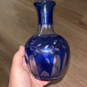 Bohemian cobalt blue cut to clear vase bottle vintage box Ao